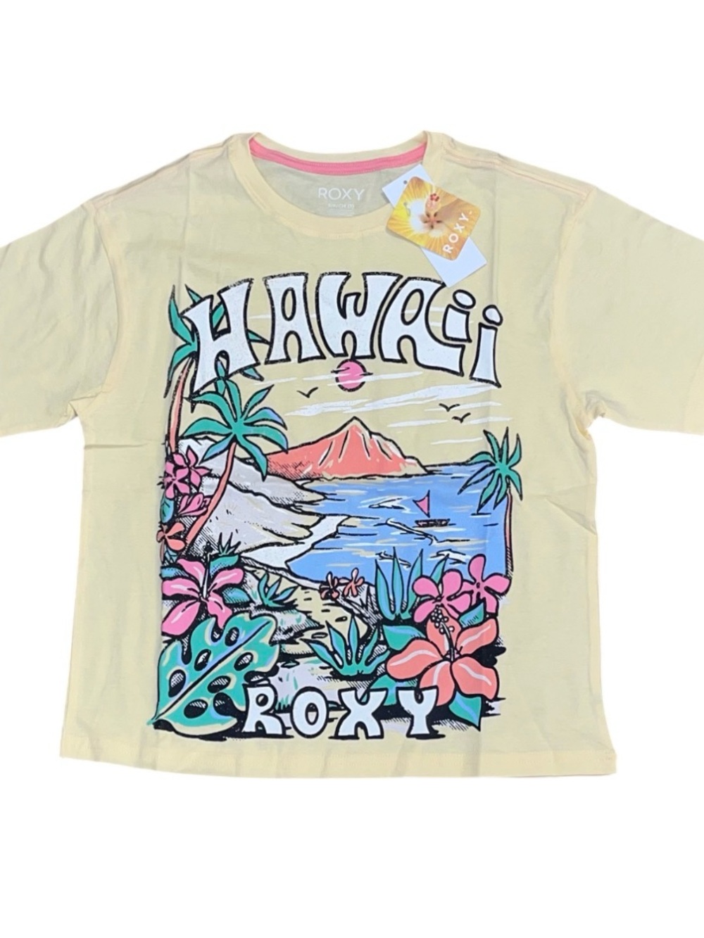 Roxy Yellow Hawaii Beach Pain Floral Girls Tee Short Sleeve Shirt NWT Small 7